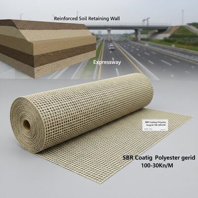 Ein guter Preis. SBR-Beschichtung Polyester Geogrid 100-30Kn/M PET Einsachsverstärkte Bodenhaltewand Autobahn Online