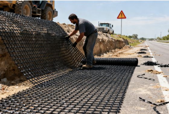 Flexibility 200-200KN/M Woven Coated  Polyester BX Geogrid Highway Construction Soil Stabilization