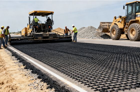 Width 5.2M Flexibility 60-60 KN/M Two Way Reinforce Polyester Geogrid For  RoadBed Soft Soil Layer