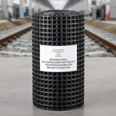 Retaining Wall PVC Coated Warp Knitted PET Polyester Geogrid For Railway Foundation