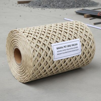 Biaxial PET Grid 300-300 Woven Coated Polyester Geogrid For Railway Foundation  Reinforcement
