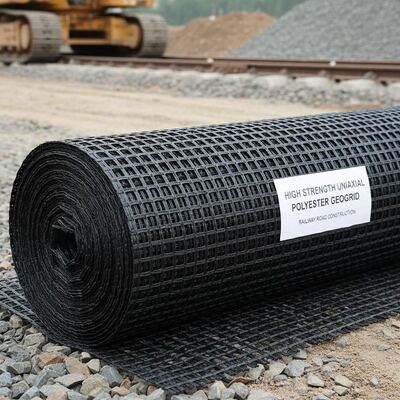 Un bon prix. Géogrid en polyester uniaxial à haute résistance pour la construction de routes et de chemins de fer en ligne
