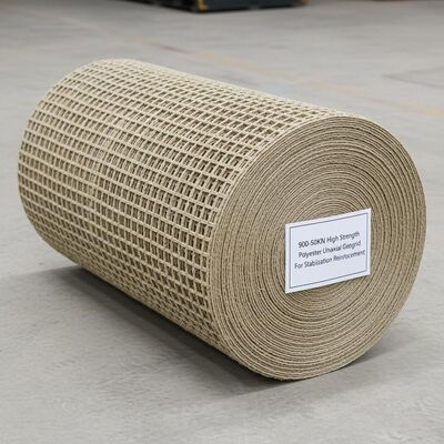 Bom preço. 900-50KN Alta resistência Poliéster Uniaxial Geogrid para reforço de estabilização on-line